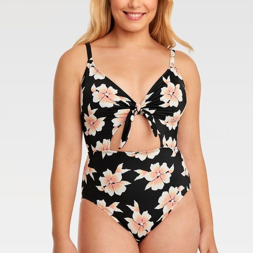 Beach Betty by Miracle Brands Black Floral One Piece Cut Out Swimsuit Size Small